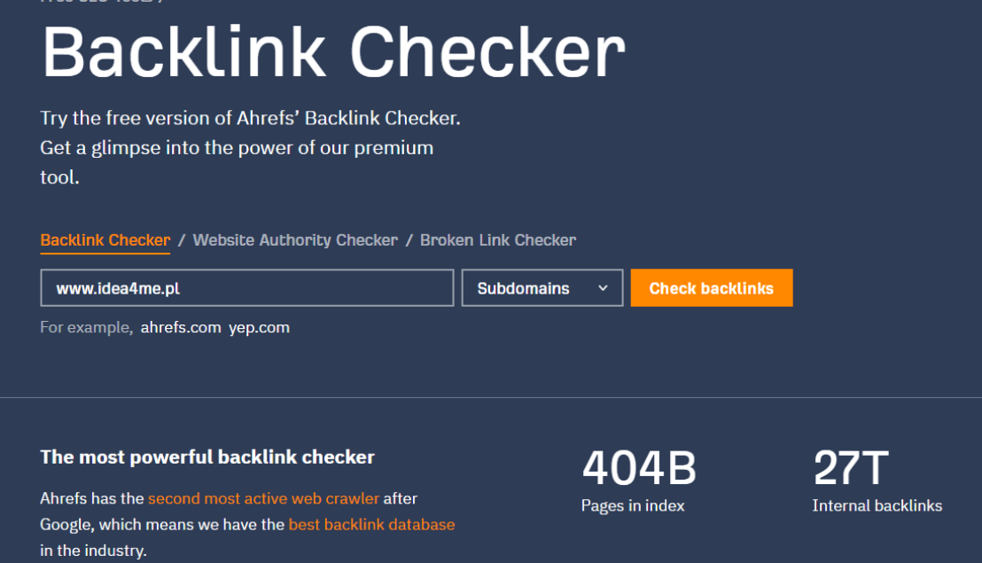 Ahrefs Backlink Checker - zrzut strony głównej