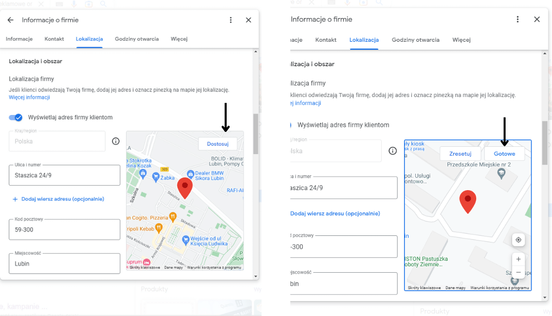 W jaki sposób zmienić miejsce położenia pinezki przypiętej do adresu naszej firmy w mapacvh google